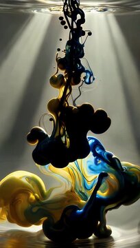 An exquisite cinematic 4K macro shot showcasing vibrant drops of yellow and blue acrylic ink swirling gracefully in clear water creating spectacular dreamlike abstract fluid patterns and colorful