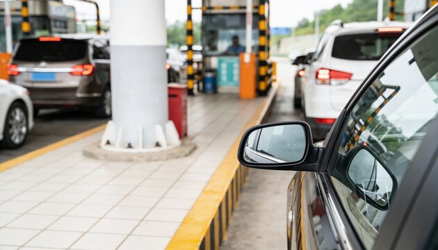 Cars queuing at a highway toll booth on an expressway during the day, transportation and infrastructure for commuting and road trip travel with vehicle traffic