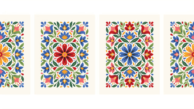 The four-square floral pattern features colorful illustrations of flowers and leaves in a repeating design on a white background.