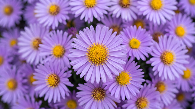 Close up of blooming purple aster flowers in a garden with natural light