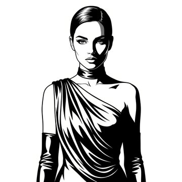 Black and White Ink Illustration of Woman in Asymmetrical Silk Evening Dress &ndash; Noir Fashion Editorial Portrait
