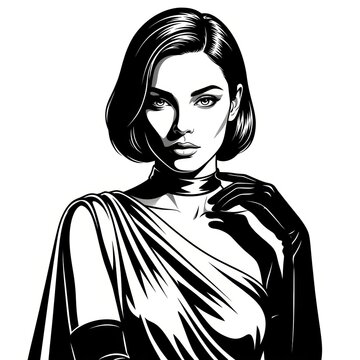 Black and White Ink Illustration of Woman in Asymmetrical Silk Evening Dress &ndash; Noir Fashion Editorial Portrait