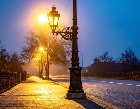 Vintage Street Lamp Glowing on Wet Sidewalk Beside Empty Road at Dusk