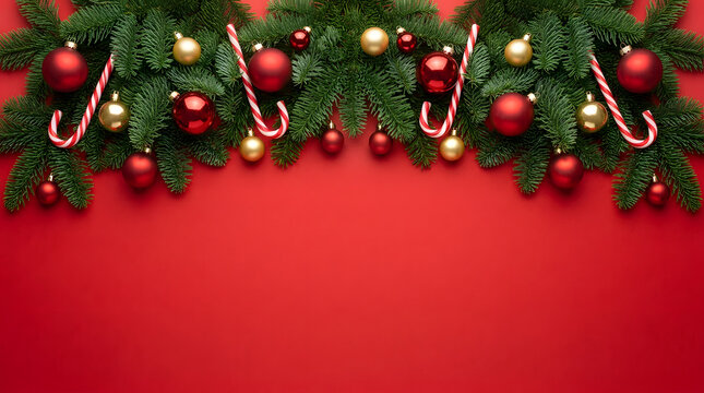 Christmas Pine Garland Decoration with Red Ornaments on a Red Background