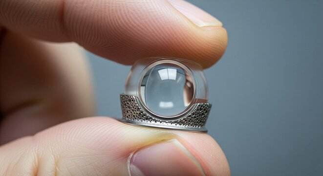 Close-up of a stylish ring with clear gemstone and intricate metalwork held by a hand