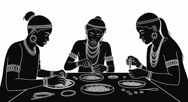 Silhouette illustration of three African women crafting traditional bead jewelry at a table. Detailed line art of ancient tribal artisans making necklaces and ethnic ornaments.