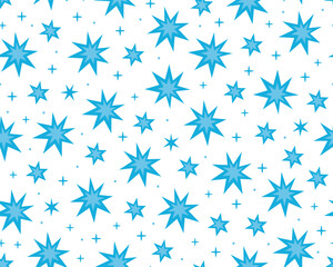 Seamless pattern with blue stars on white background. Magic, mystical pattern. Cosmos, universe, night sky. Pattern for fabric, prints, design, or wrapping paper. © sorninai