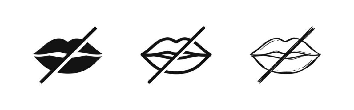Set of mute silent lips icons with strike through