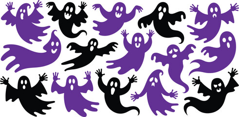 Fototapeta premium Assortment of friendly cartoon ghosts in purple and black colors, featuring various floating poses on a white background
