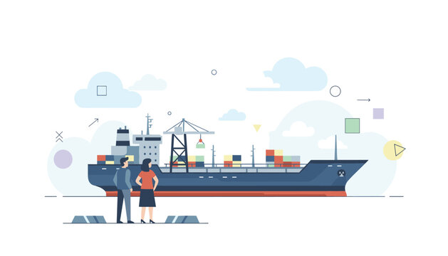Professionals standing at the harbor viewing a large container ship being loaded by a crane to manage efficient international freight logistics.