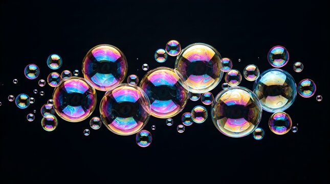 Vibrant iridescent soap bubbles floating on a black background