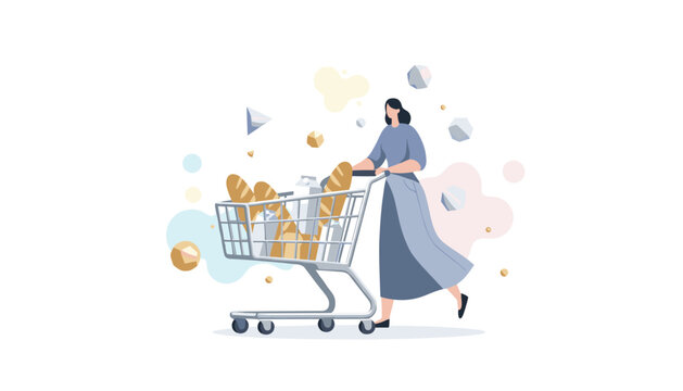 Elegant woman pushing a full shopping cart filled with essential grocery items and fresh bread in a modern supermarket setting for daily usage.
