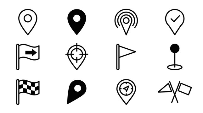 Map Pin and Flag Vector Icon Set Featuring Location Destination Goals Routes Navigation and Business Strategy Symbols