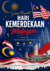 Fototapeta premium Malaysia Independence Day Celebration Poster with Flag and Landmark Illustration