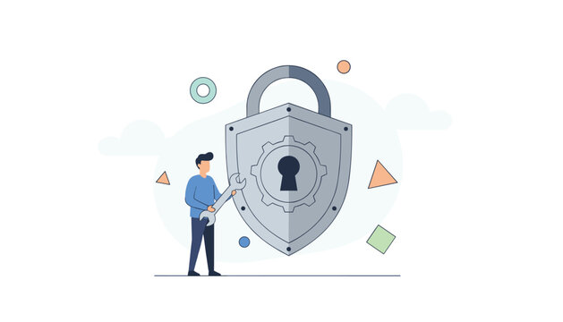 IT professional or technician repairing a digital security padlock, symbolizing cyber security, system maintenance, and data protection services.
