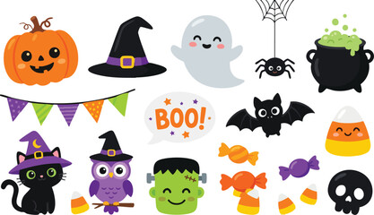 Obraz premium Cute Halloween vector element set, spooky cartoon characters and icons, flat holiday clip art collection for children party invitations and decor