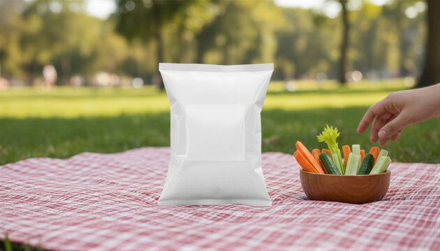 Labeled white snack bag on a picnic blanket with summer snacks