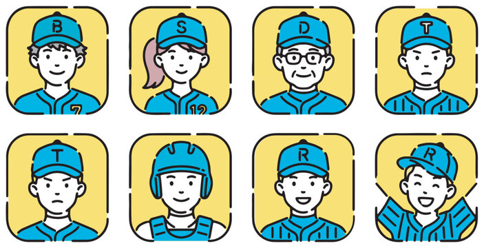 Eight diverse cartoon avatars depicting baseball players and enthusiasts in blue uniforms and caps, each with a distinct expression.