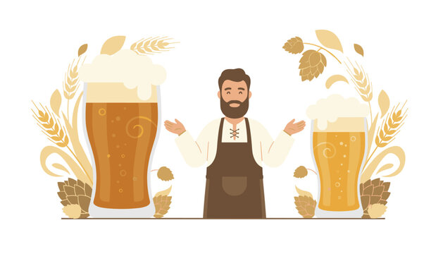 Professional brewmaster stands between two large glasses of golden beer adorned with decorative hops and wheat stalks in flat vector illustration.