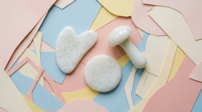 Set of white jade facial massage tools on a colorful abstract paper background