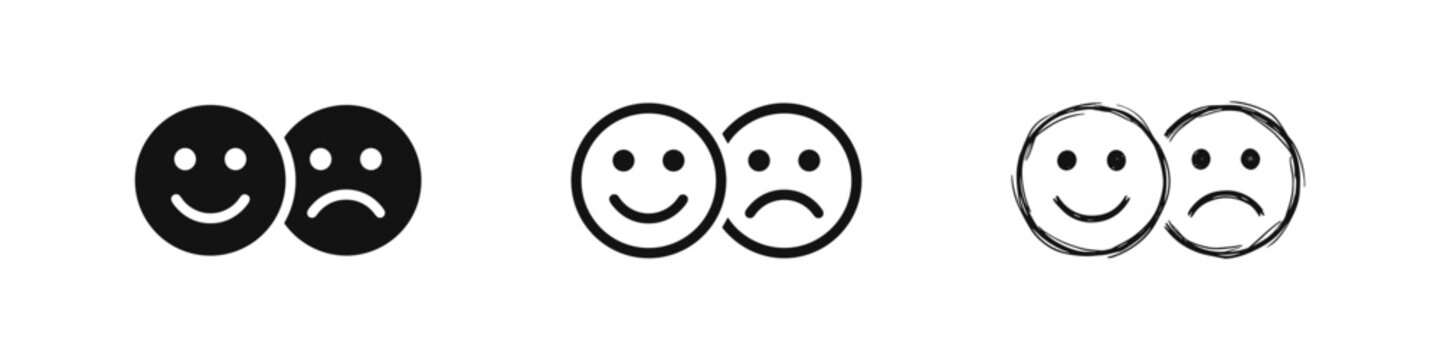 Smiley and sad face icons, positive and negative emotion set