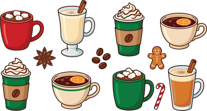 Cozy winter hot drinks vector collection featuring eggnog mulled wine cocoa with marshmallows and pumpkin spice latte mugs