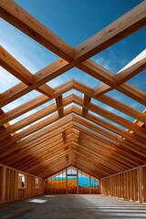 Obraz premium Symmetrical wooden roof truss perspective with exposed beams and open sky view for architectural background and poster design