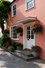 Obraz premium White framed front door with hanging flower baskets on pink facade for cottage entrance background and exterior design
