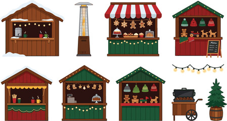 Fototapeta premium Christmas market wooden stalls collection with festive holiday food kiosk souvenir shops patio heater and fairy lights vector illustration