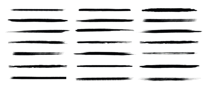 Black thin ink brush stroke set. Grunge underline dividers for text. Vector artistic line collection pack isolated.