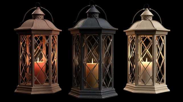 Festive lantern vintage decor illuminated centerpiece seasonal celebration rustic elegance flat design side view gothic theme 3D render Triadic Color Scheme. 