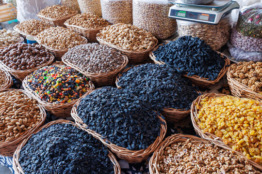Samarkand, Uzbekistan - June 6, 2026: Nuts and dried fruits at Siab Bazaar