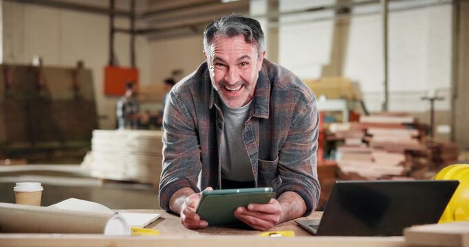 Tablet, woodworking and face with man in workshop for carpenter inventory, order success or happy artisan. Furniture profit, quality assurance or online target with mature person in factory for smile