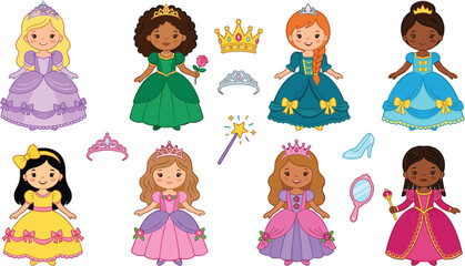 Cute little fairytale princess character collection featuring diverse girls in beautiful ballgowns tiaras magic wand and mirror vector illustration © MST