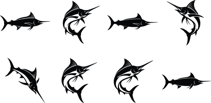 Stylized marlin and swordfish silhouette collection featuring tribal, geometric, streamlined aquatic designs for ocean vector art