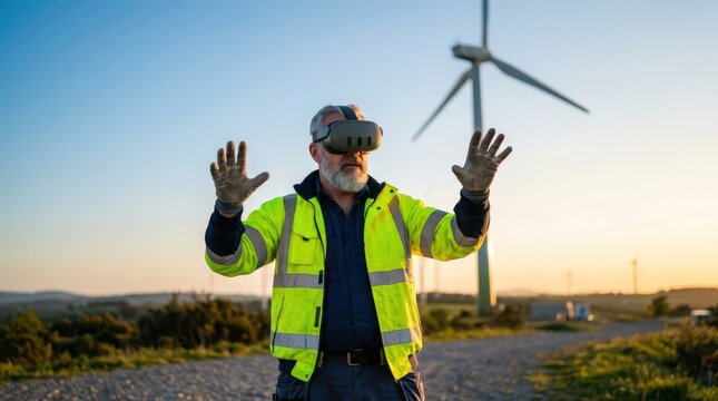 Engineer wearing vr headset at a wind farm power plant