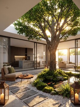 Luxurious Modern Architecture Interior Courtyard featuring a Large Central Tree and Peaceful Koi Pond with Zen Garden Design