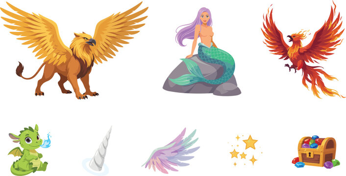 Mythical Creatures and Fantasy Beast Vector Character Set with Golden Griffin Mermaid Phoenix Firebird Baby Dragon Unicorn Horn and Treasure Chest