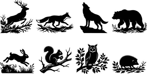 Obraz premium Woodland animal silhouette collection featuring deer, fox, wolf, bear, rabbit, squirrel, owl, and hedgehog designs