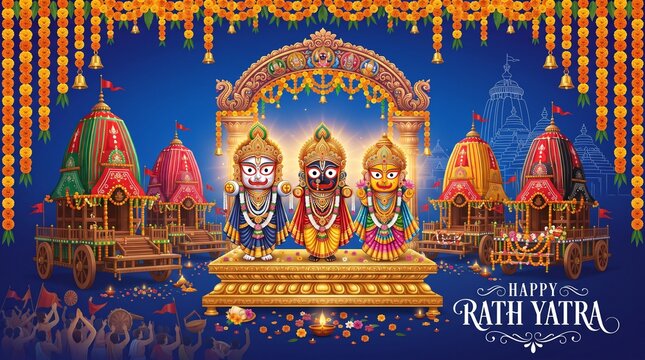 Happy rath yatra festival celebration with lord jagannath, balabhadra and subhadra
