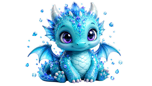 Adorable small blue dragon fantasy creature 3D render isolated on white
