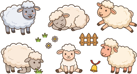 Cute cartoon sheep and lamb collection featuring playful farm animals sleeping grazing and jumping with fence and bell elements vector © MST