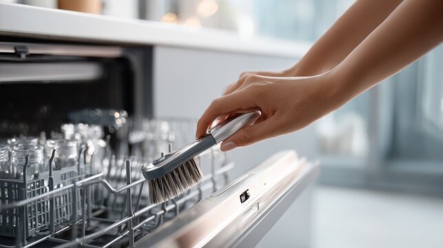 Woman's hands cleaning dishwasher rack with a brush for hygiene and maintenance. A person uses a cleaning brush to scrub the interior rack of a dishwasher, ensuring cleanliness and proper function