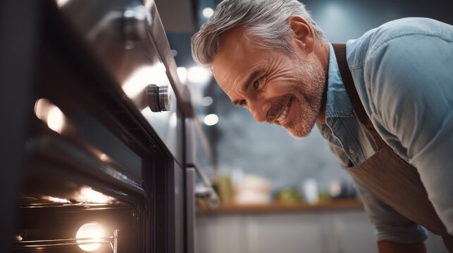 Smiling man in apron checking on food cooking inside a modern kitchen oven. Happy middle-aged man wearing apron leans in to check on something baking in lit oven, showcasing domestic culinary activity