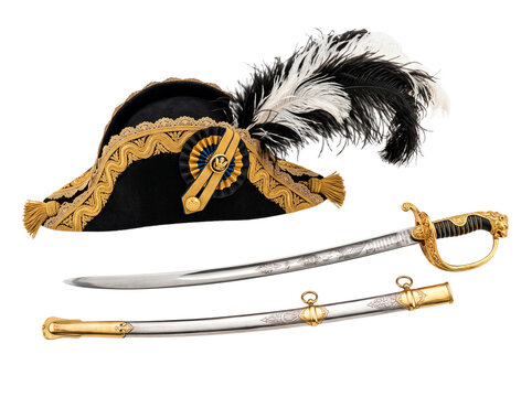 Imperial Brazilian military bicorne hat and saber with ornate gold detailing and black and white feather plume PNG Isolated on transparent background