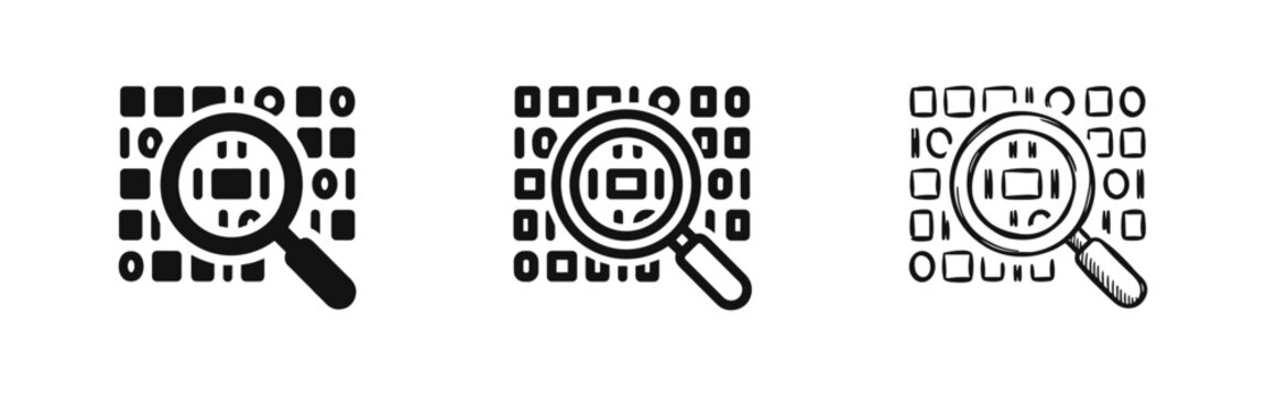 Magnifying glass over binary code icon set in solid, line, and sketch styles
