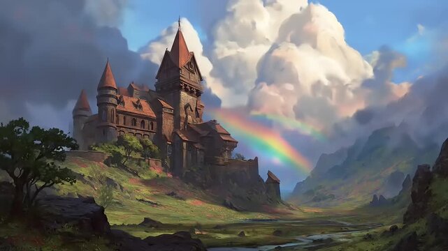 Historic stone fortress situated on a verdant hillside beneath dramatic, cloudy skies featuring a vibrant rainbow