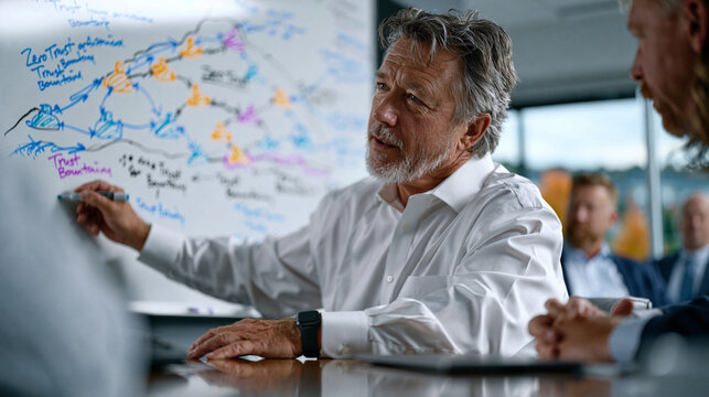 Chief information security officer sketching a zero trust network architecture on a whiteboard for a C-suite executive audience, colored marker nodes and trust boundary annotations filling the surfa