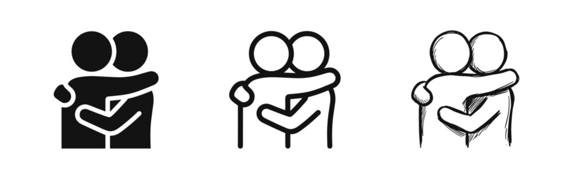 People hugging icon set in solid, outline, and sketch styles
