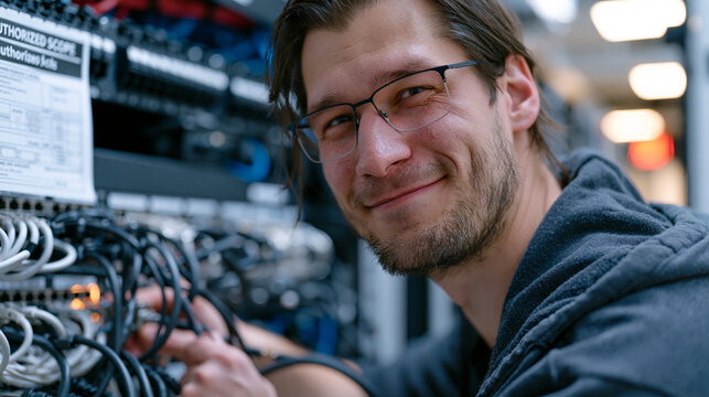 Ethical hacker in a client-designated test environment plugging a hardware implant into a network switch cabinet, authorized scope sheet taped to the rack door, pentest toolkit bag open on the floor